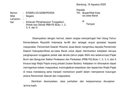 Pemprov Jawa Barat Hapuskan Tunggakan PBB-P2, Kado HUT RI ke-80 untuk Warga